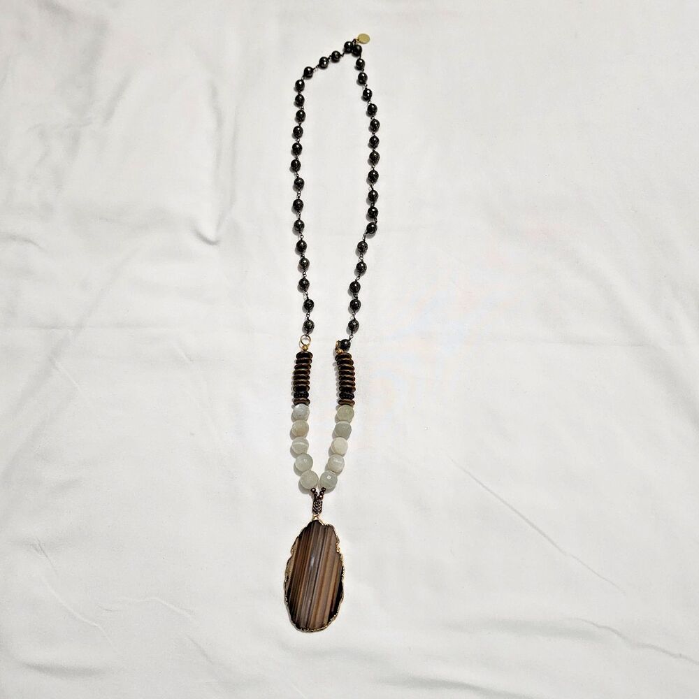 Fabulina Designs Beaded Necklace Slice of Gold Trimmed Agate Pendant Boho Chic